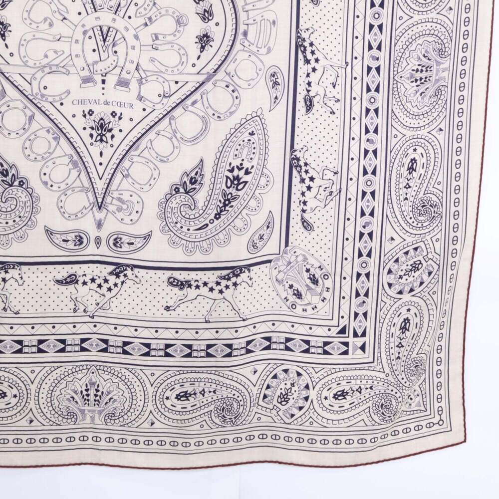 HERMES Cheval de Coeur Bandana Carre Geant Scarf Muffler Natural Women's - Picture 5 of 7